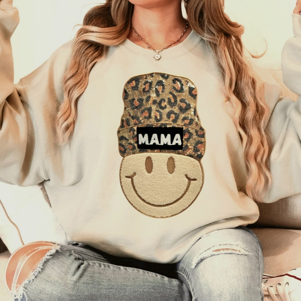 . Cool Mama Leopard Sequin Smiley Face Tan Sweater